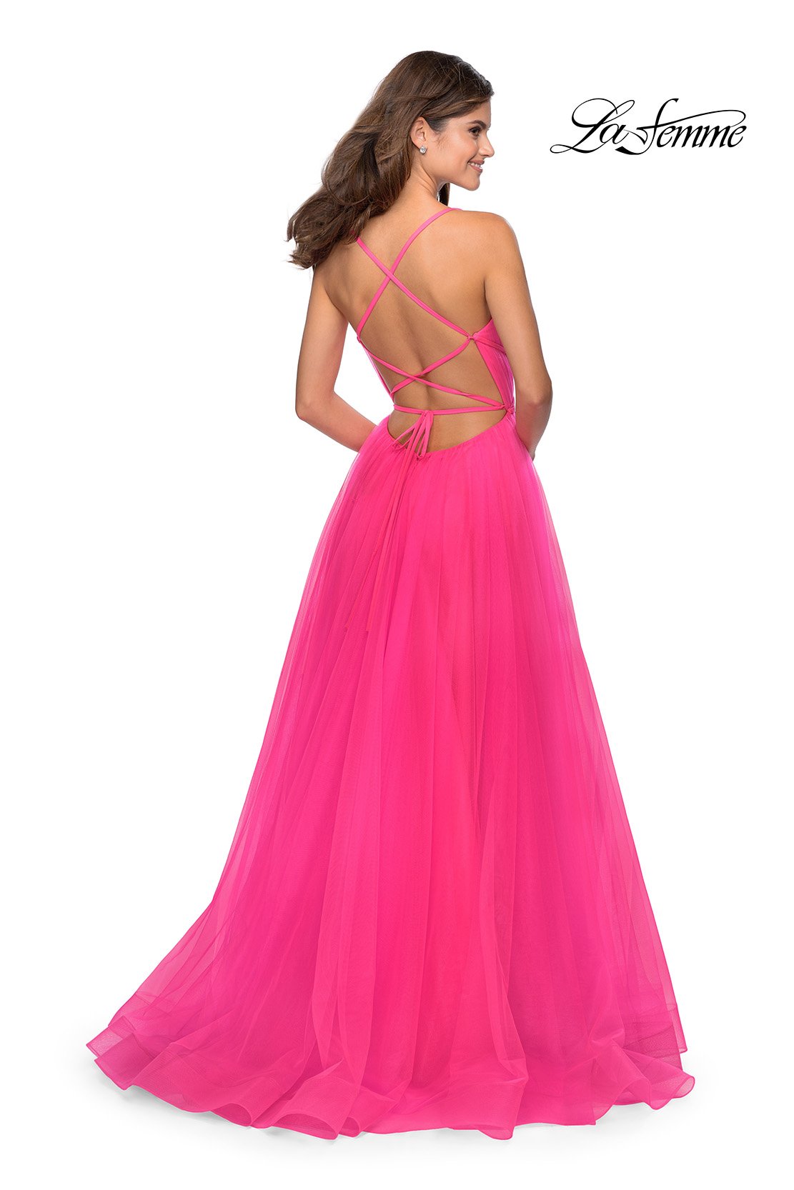 La Femme 28893 prom dress images.  La Femme 28893 is available in these colors: Neon Pink, Pale Yellow, Red, Royal Blue.