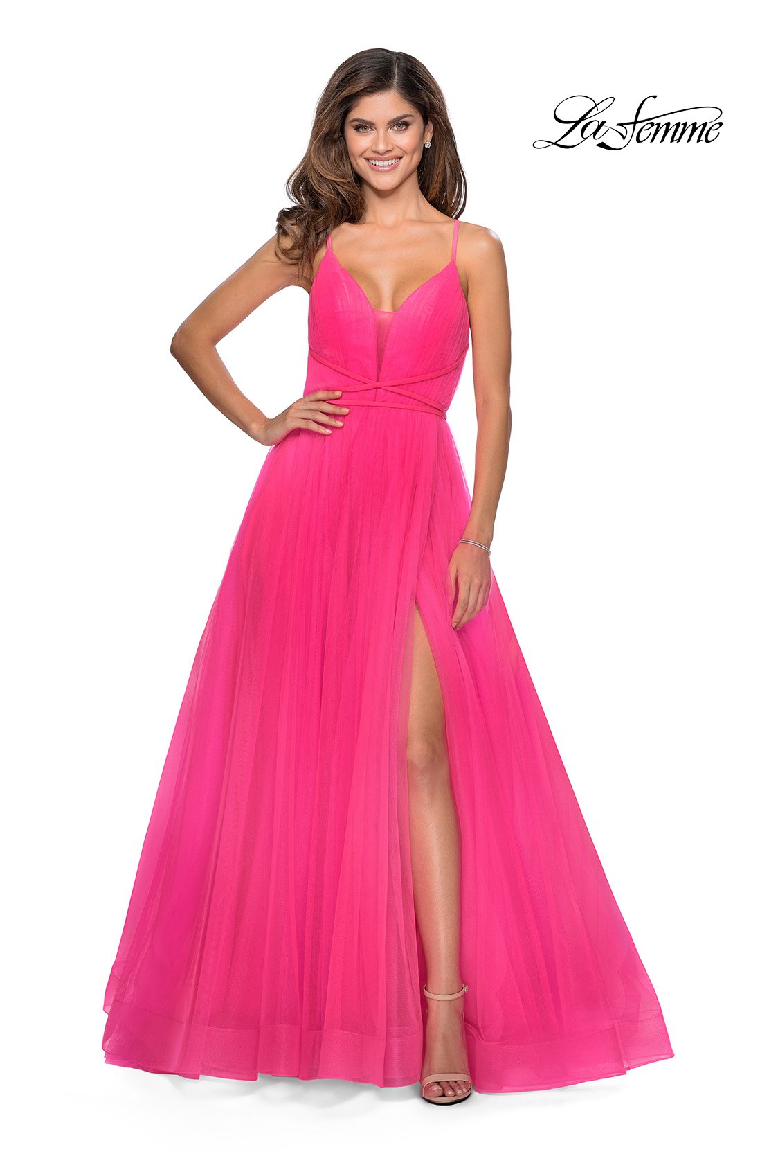 La Femme 28893 prom dress images.  La Femme 28893 is available in these colors: Neon Pink, Pale Yellow, Red, Royal Blue.