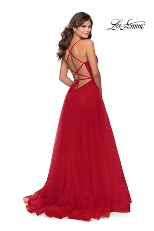 La Femme 28893 prom dress images.  La Femme 28893 is available in these colors: Neon Pink, Pale Yellow, Red, Royal Blue.