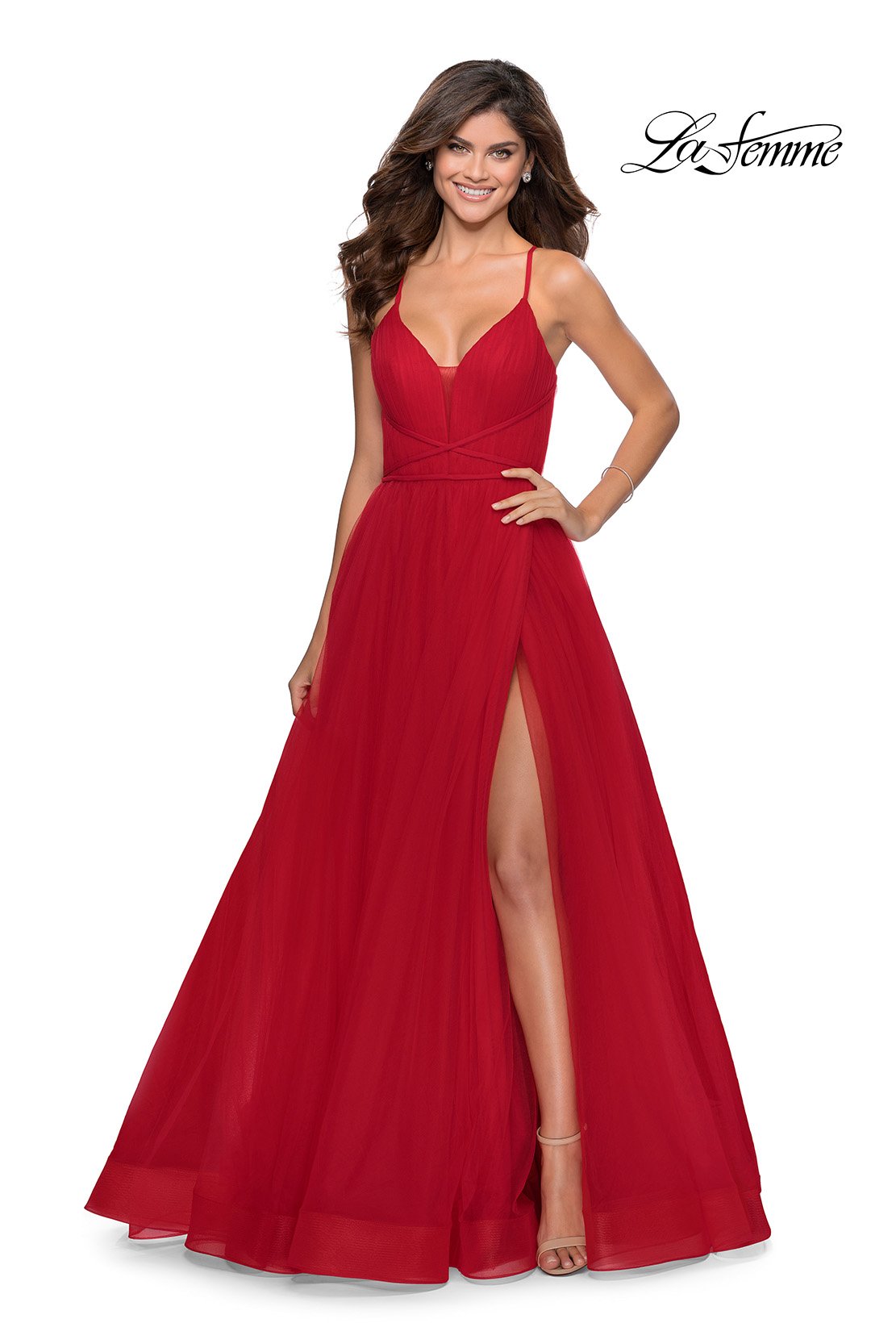 La Femme 28893 prom dress images.  La Femme 28893 is available in these colors: Neon Pink, Pale Yellow, Red, Royal Blue.