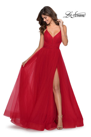La Femme 28893 prom dress images.  La Femme 28893 is available in these colors: Neon Pink, Pale Yellow, Red, Royal Blue.
