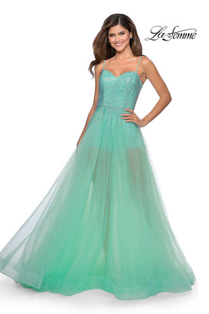 La Femme 28902 prom dress images.  La Femme 28902 is available in these colors: Lilac Mist, Mint, Nude.