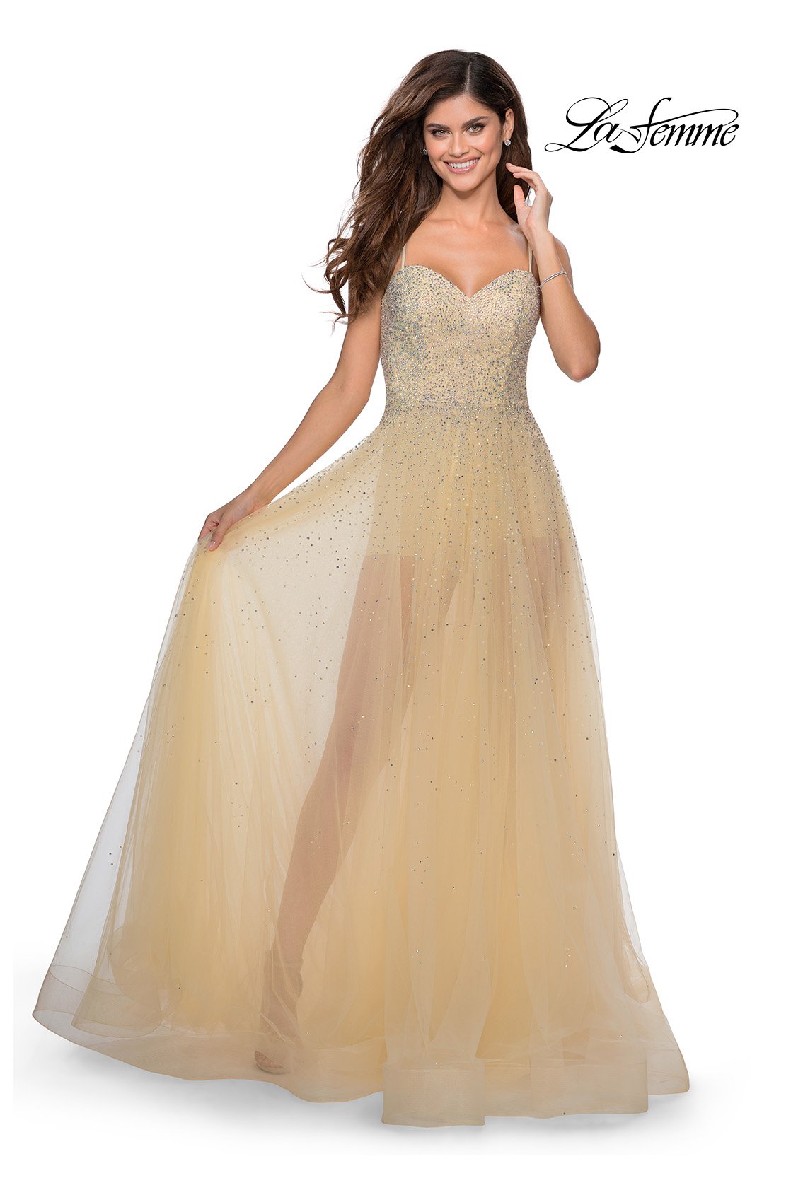 La Femme 28902 prom dress images.  La Femme 28902 is available in these colors: Lilac Mist, Mint, Nude.