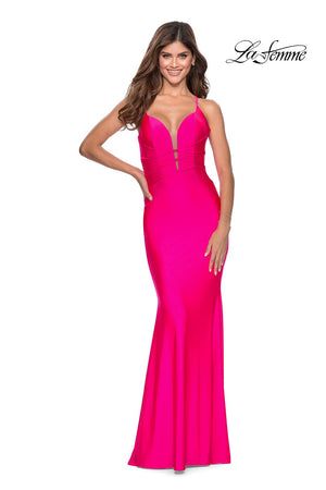 La Femme 28905 prom dress images.  La Femme 28905 is available in these colors: Neon Pink, Neon Yellow.