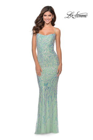 La Femme 28918 prom dress images.  La Femme 28918 is available in these colors: Mint.