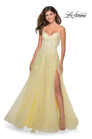 La Femme 28952 prom dress images.  La Femme 28952 is available in these colors: Lilac Mist, Pale Yellow.