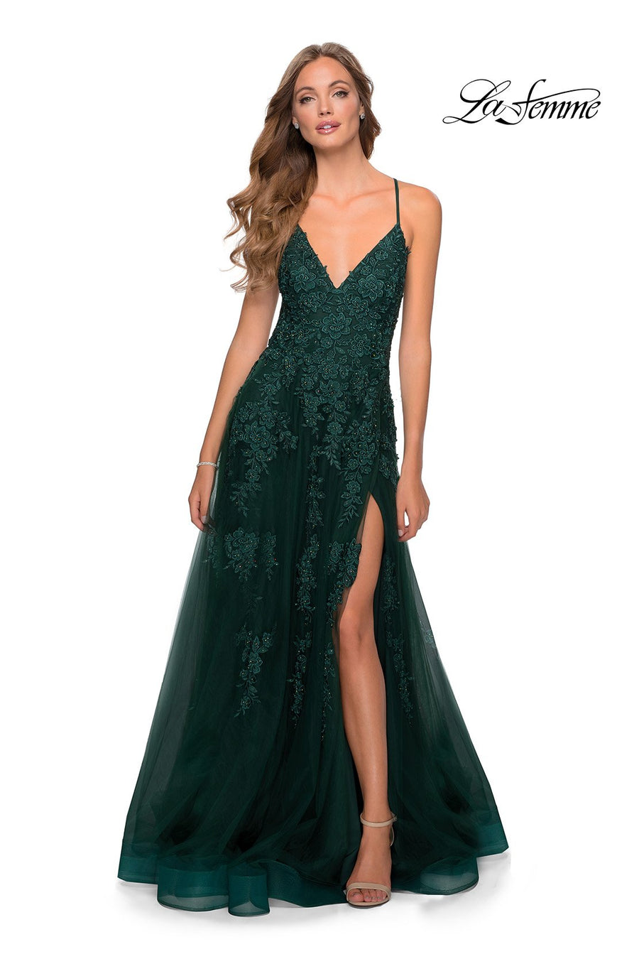 La Femme 28985 prom dress images.  La Femme 28985 is available in these colors: Dark Emerald, Red, Royal Blue.