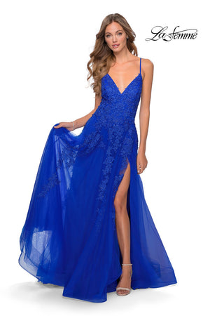 La Femme 28985 prom dress images.  La Femme 28985 is available in these colors: Dark Emerald, Red, Royal Blue.