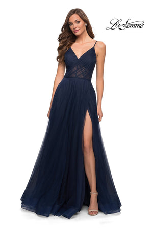 La Femme 29076 prom dress images.  La Femme 29076 is available in these colors: Dark Berry, Dusty Mauve, Navy.