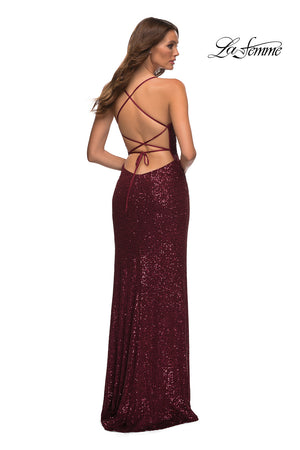 La Femme 29438 prom dress images.  La Femme 29438 is available in these colors: Burgundy, Rose Gold, Royal Blue, Silver.