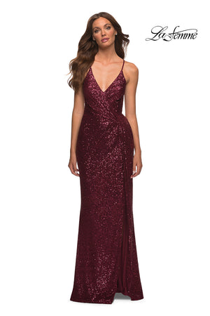 La Femme 29438 prom dress images.  La Femme 29438 is available in these colors: Burgundy, Rose Gold, Royal Blue, Silver.
