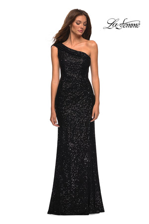 La Femme 29627 prom dress images.  La Femme 29627 is available in these colors: Black, Indigo, White.