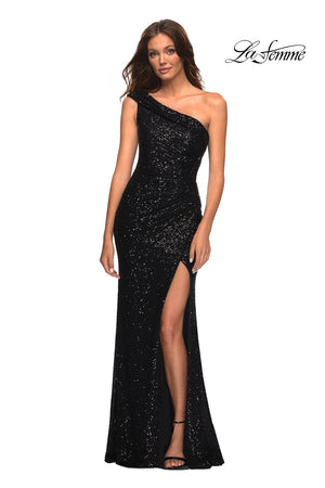 La Femme 29627 prom dress images.  La Femme 29627 is available in these colors: Black, Indigo, White.