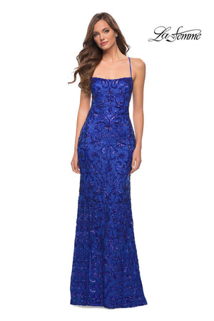La Femme 29638 prom dress images.  La Femme 29638 is available in these colors: Black, Dark Emerald, Red, Royal Blue.