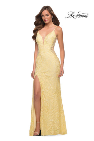 La Femme 29679 prom dress images.  La Femme 29679 is available in these colors: Dark Berry, Navy, Pale Yellow.