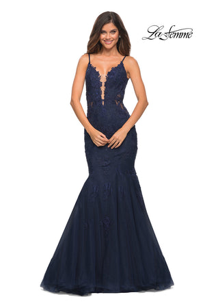 La Femme 29680 prom dress images.  La Femme 29680 is available in these colors: Burgundy, Dark Emerald, Navy.