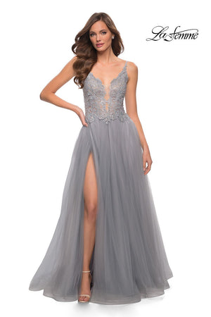 La Femme 29686 prom dress images.  La Femme 29686 is available in these colors: Black, Royal Blue, Silver.