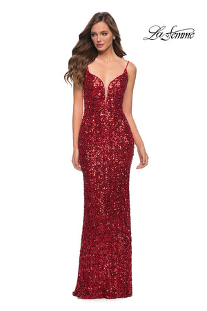 La Femme 29872 prom dress images.  La Femme 29872 is available in these colors: Black, Champagne, Red.