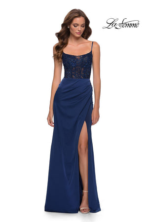 La Femme 29888 prom dress images.  La Femme 29888 is available in these colors: Navy.