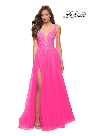 La Femme 29964 prom dress images.  La Femme 29964 is available in these colors: Neon Pink.