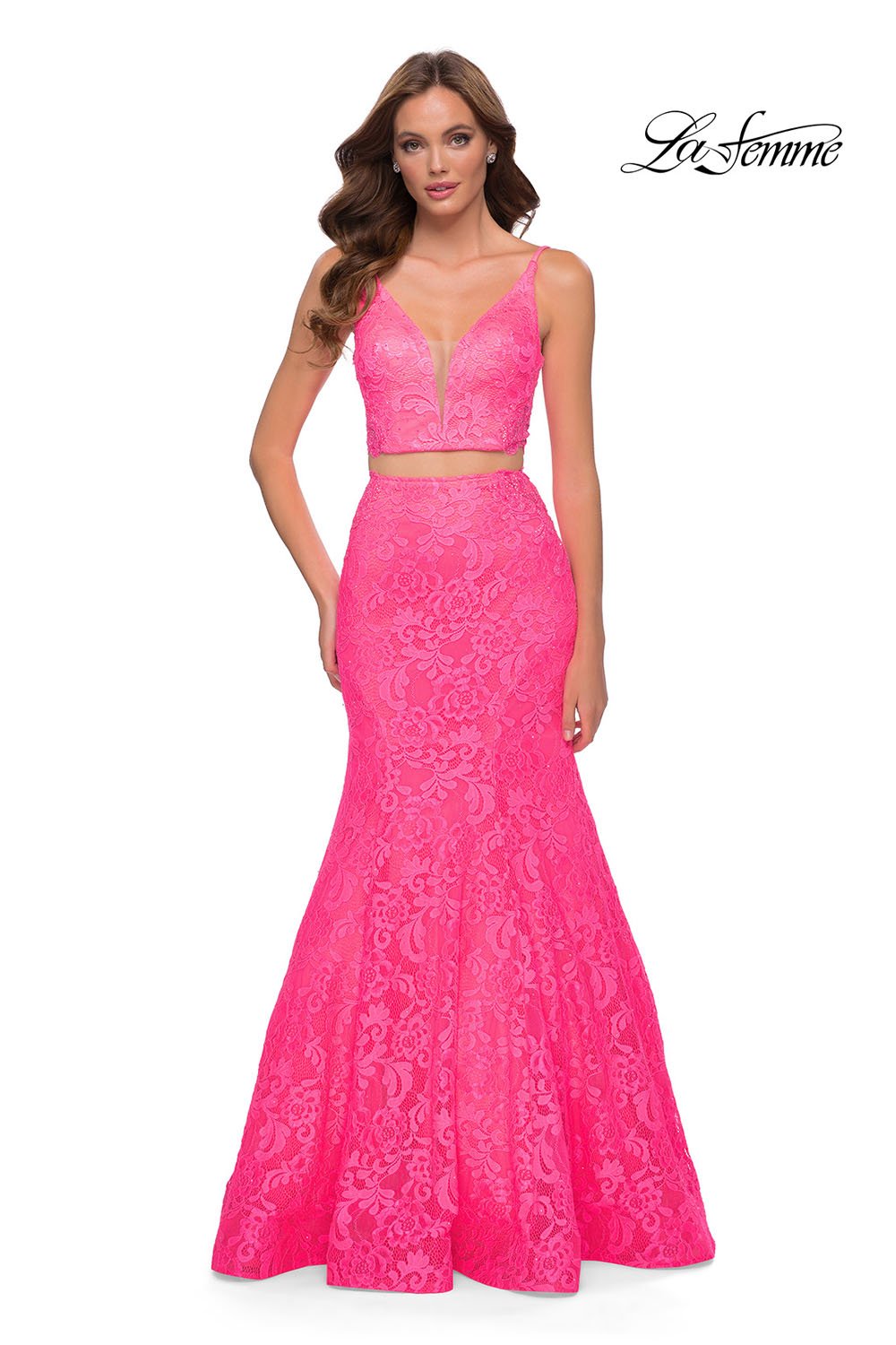 La Femme 29967 prom dress images.  La Femme 29967 is available in these colors: Neon Pink.