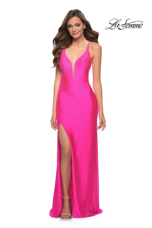 La Femme 29969 prom dress images.  La Femme 29969 is available in these colors: Neon Pink.