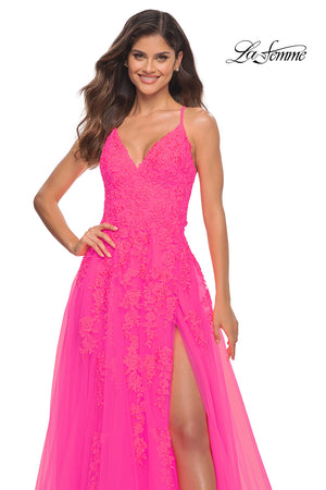 La Femme 30303 prom dress images.  La Femme 30303 is available in these colors: Neon Pink.