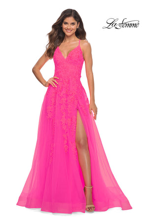 La Femme 30303 prom dress images.  La Femme 30303 is available in these colors: Neon Pink.