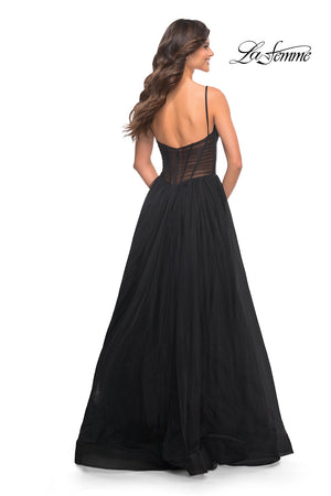 La Femme 30334 prom dress images.  La Femme 30334 is available in these colors: Black, Dark Berry, Dark Emerald, Navy.