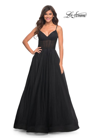 La Femme 30334 prom dress images.  La Femme 30334 is available in these colors: Black, Dark Berry, Dark Emerald, Navy.