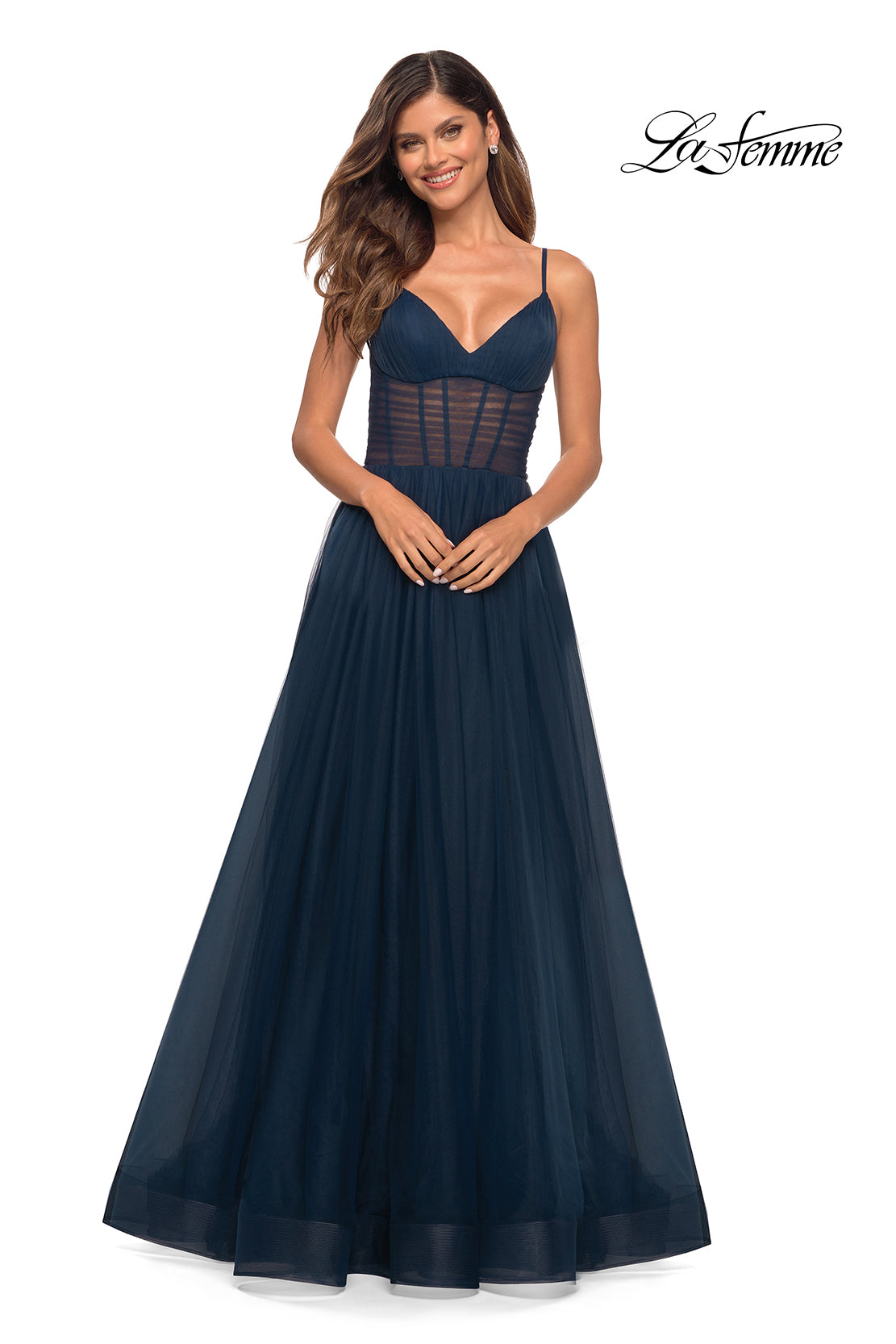La Femme 30334 prom dress images.  La Femme 30334 is available in these colors: Black, Dark Berry, Dark Emerald, Navy.