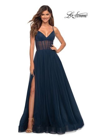 La Femme 30334 prom dress images.  La Femme 30334 is available in these colors: Black, Dark Berry, Dark Emerald, Navy.