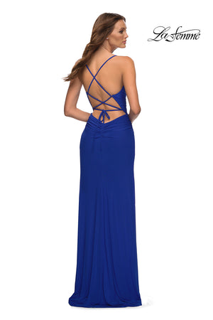 La Femme 30418 prom dress images.  La Femme 30418 is available in these colors: Black, Dark Berry, Emerald, Royal Blue.