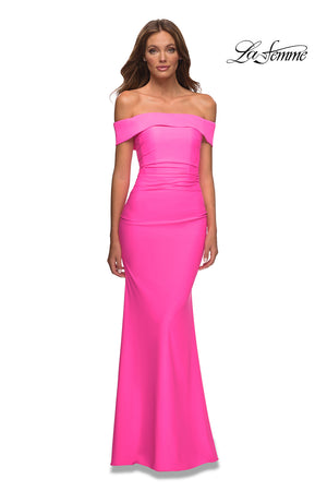 La Femme 30421 prom dress images.  La Femme 30421 is available in these colors: Hot Coral, Hot Pink, Yellow.