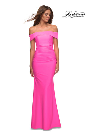 La Femme 30421 prom dress images.  La Femme 30421 is available in these colors: Hot Coral, Hot Pink, Yellow.