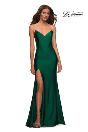 La Femme 30435 prom dress images.  La Femme 30435 is available in these colors: Black, Cloud Blue, Emerald, Mauve, Nude, Red, White.