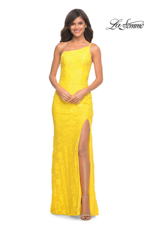 La Femme 30441 prom dress images.  La Femme 30441 is available in these colors: Dark Berry, Dark Emerald, Navy, Yellow.