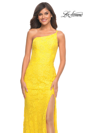 La Femme 30441 prom dress images.  La Femme 30441 is available in these colors: Dark Berry, Dark Emerald, Navy, Yellow.