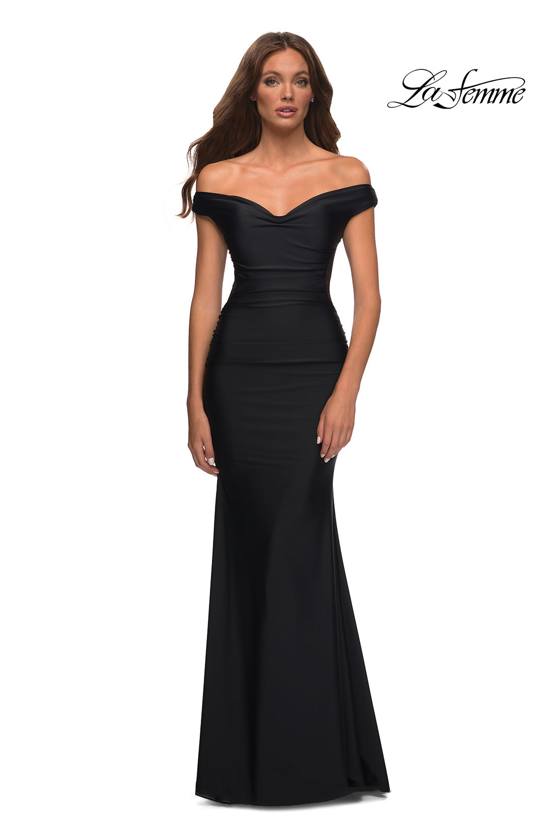 La Femme 30449 prom dress images.  La Femme 30449 is available in these colors: Black, Dark Emerald, Dark Wine.