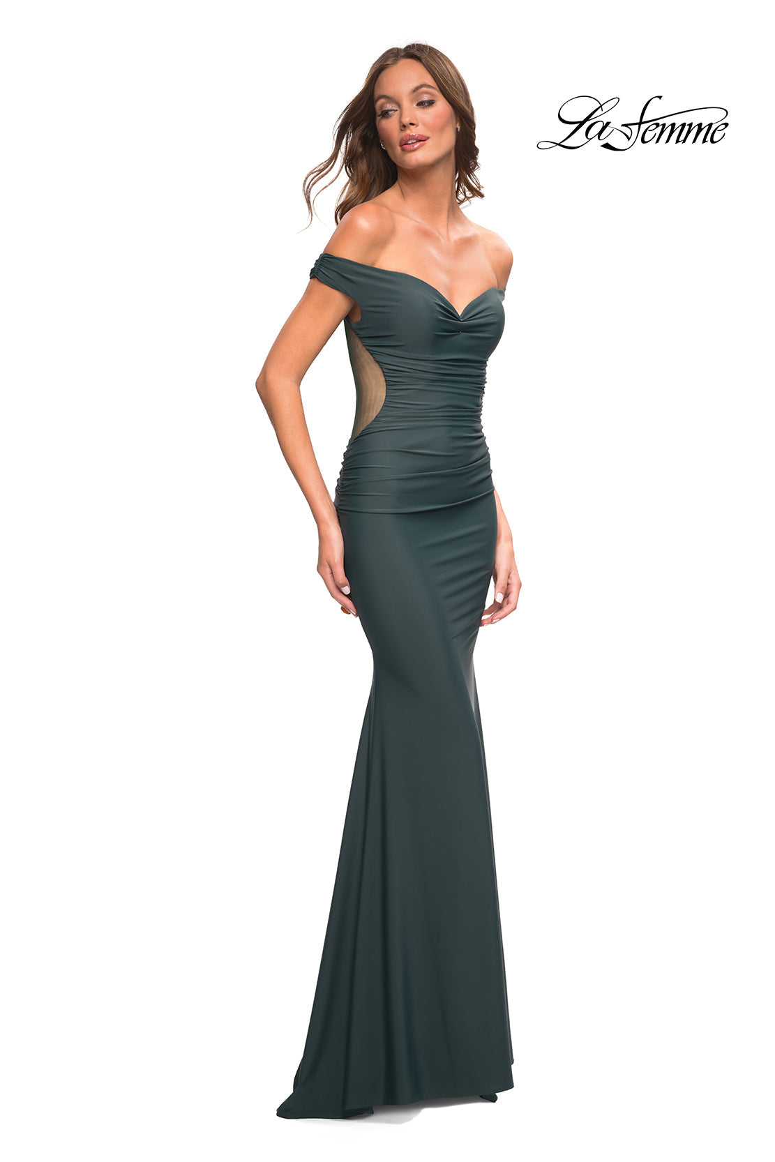 La Femme 30449 prom dress images.  La Femme 30449 is available in these colors: Black, Dark Emerald, Dark Wine.