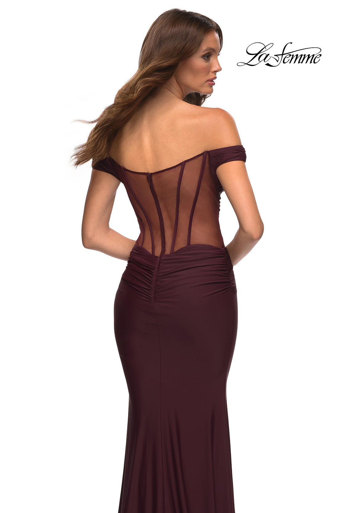 La Femme 30449 prom dress images.  La Femme 30449 is available in these colors: Black, Dark Emerald, Dark Wine.