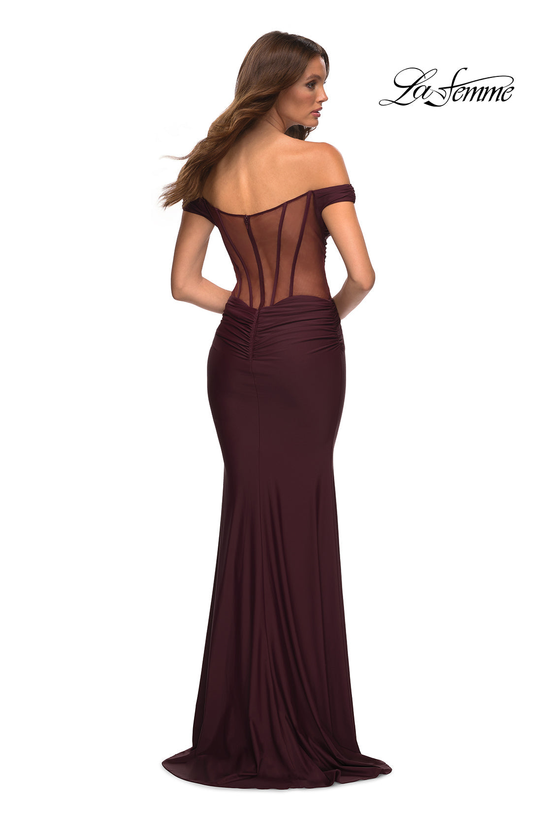 La Femme 30449 prom dress images.  La Femme 30449 is available in these colors: Black, Dark Emerald, Dark Wine.