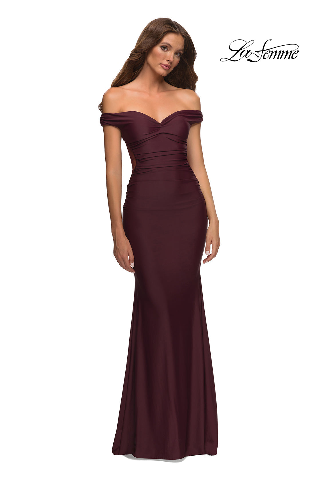 La Femme 30449 prom dress images.  La Femme 30449 is available in these colors: Black, Dark Emerald, Dark Wine.