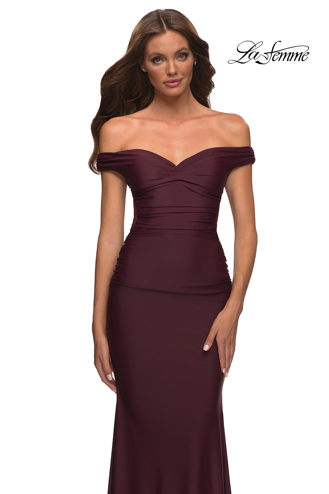 La Femme 30449 prom dress images.  La Femme 30449 is available in these colors: Black, Dark Emerald, Dark Wine.