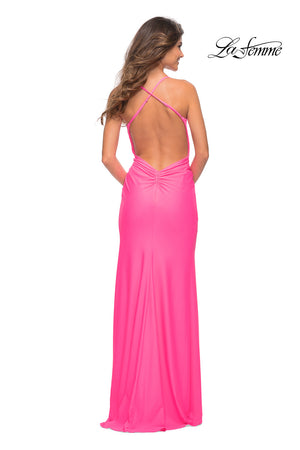 La Femme 30457 prom dress images.  La Femme 30457 is available in these colors: Aqua, Hot Coral, Neon Pink.
