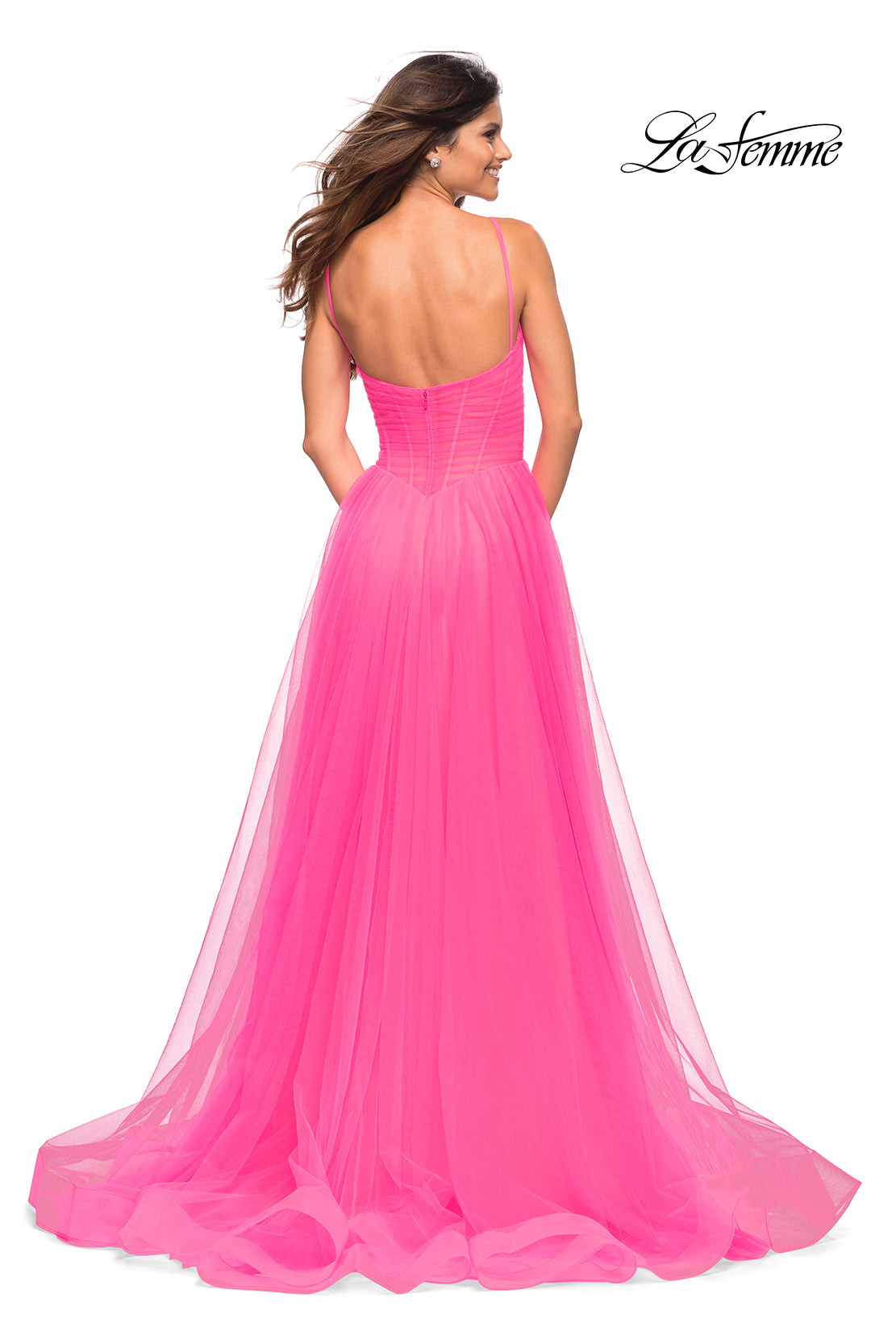 La Femme 30472 prom dress images.  La Femme 30472 is available in these colors: Neon Pink.