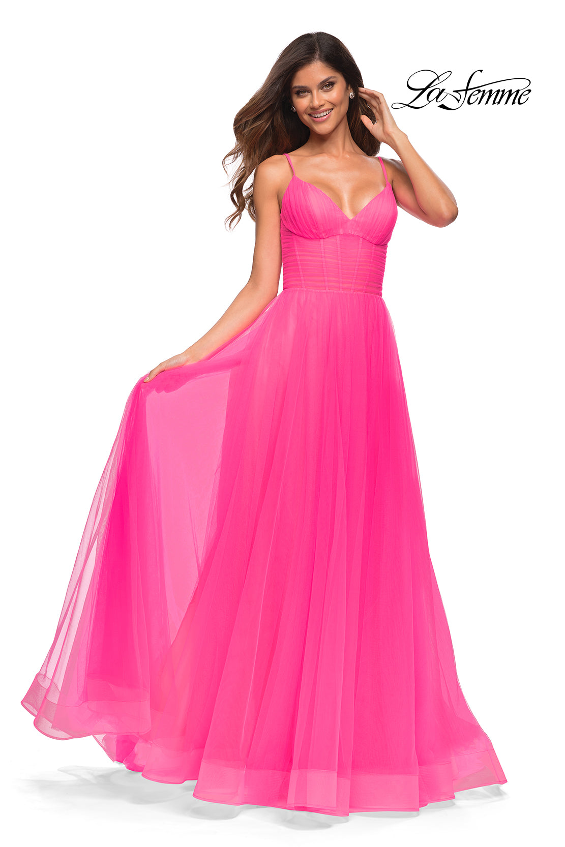 La Femme 30472 prom dress images.  La Femme 30472 is available in these colors: Neon Pink.