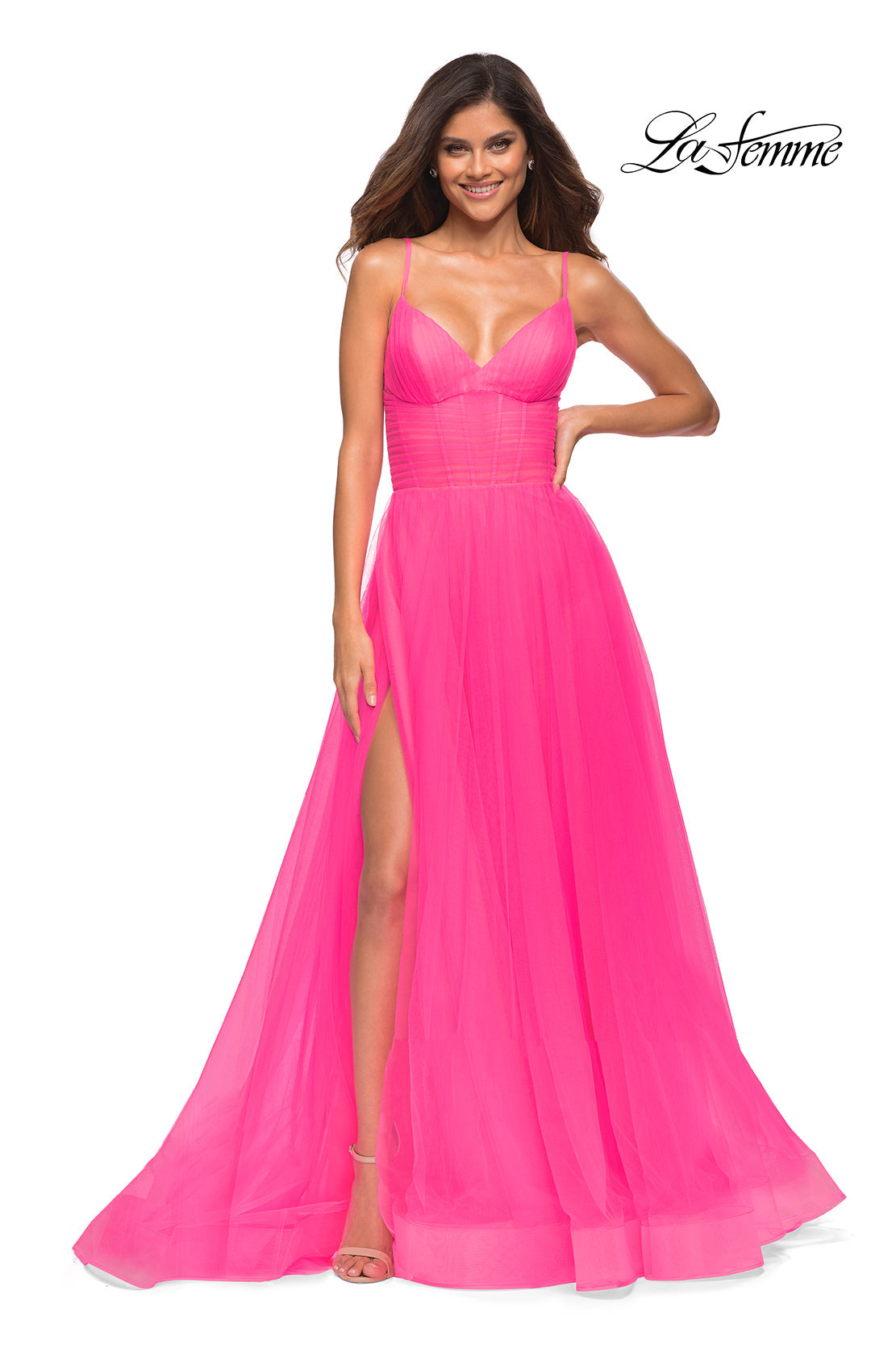 La Femme 30472 prom dress images.  La Femme 30472 is available in these colors: Neon Pink.