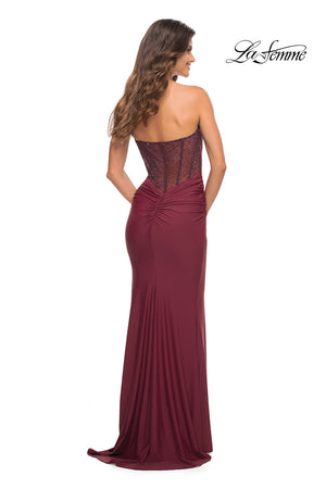 La Femme 30476 prom dress images.  La Femme 30476 is available in these colors: Dark Berry, Dark Emerald, Navy.