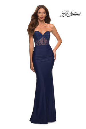 La Femme 30476 prom dress images.  La Femme 30476 is available in these colors: Dark Berry, Dark Emerald, Navy.